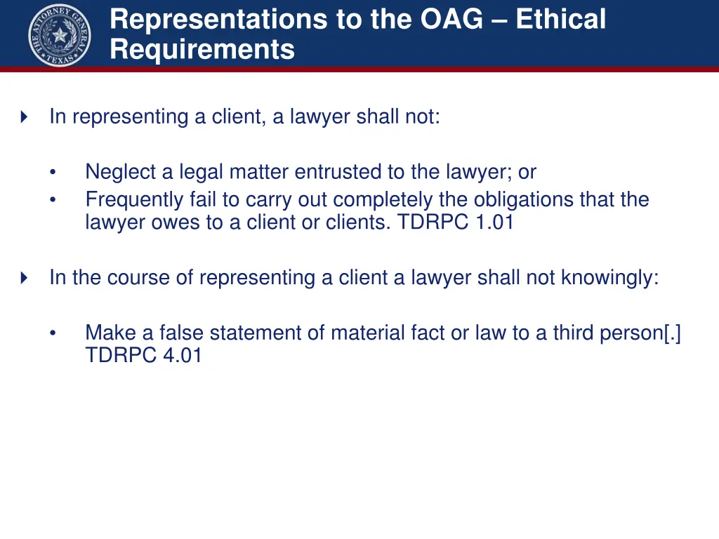 representations to the oag ethical requirements