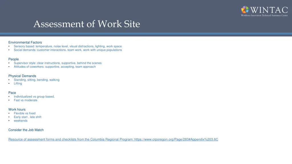 assessment of work site