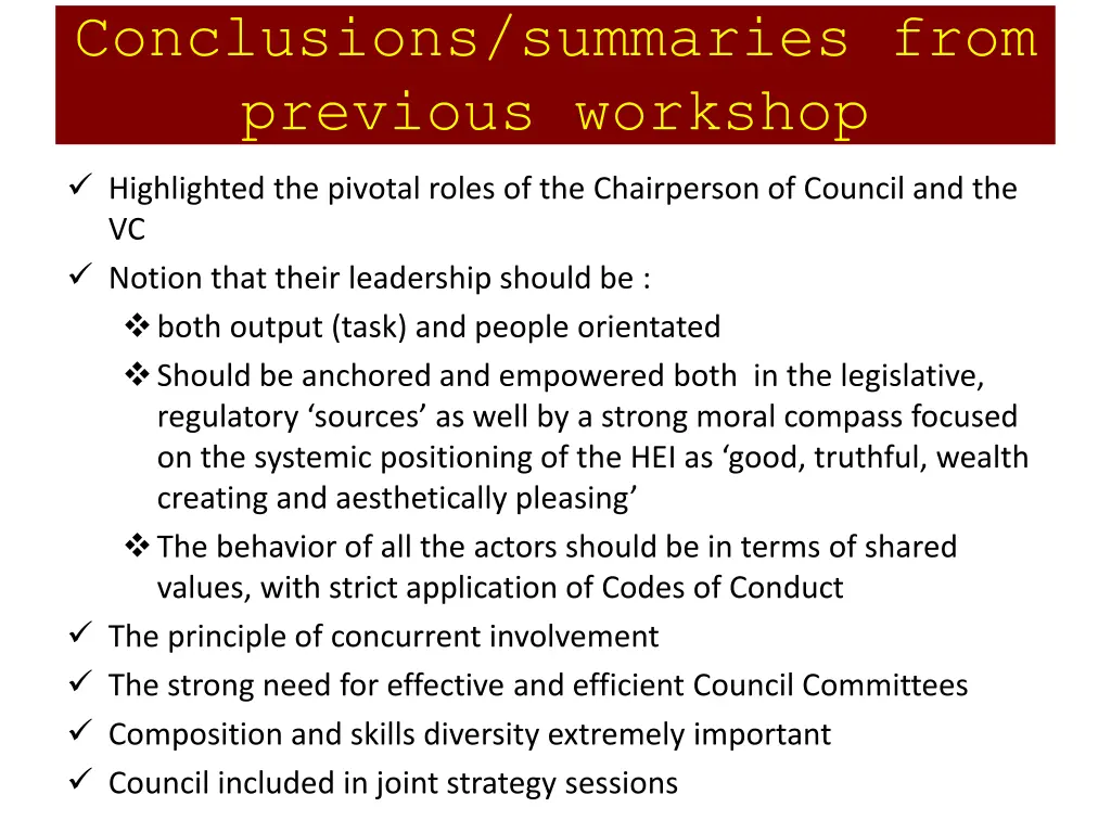 conclusions summaries from previous workshop