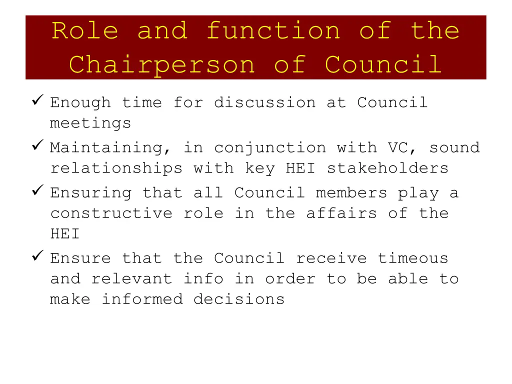 role and function of the chairperson of council 1