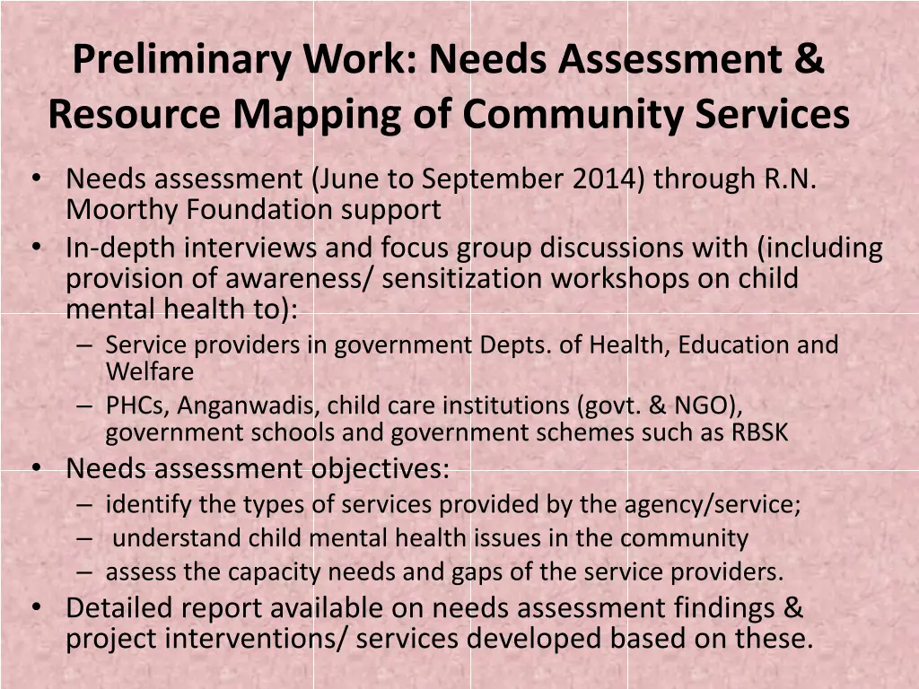 preliminary work needs assessment resource