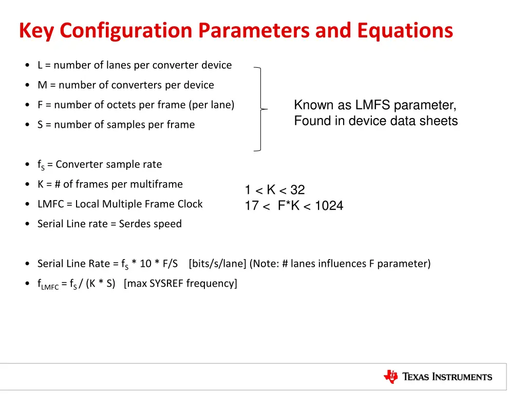 key configuration parameters and equations
