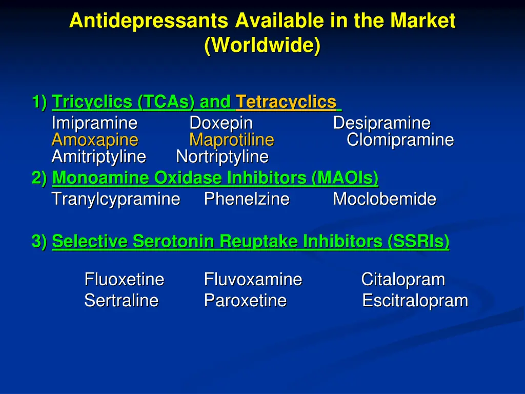 antidepressants available in the market worldwide