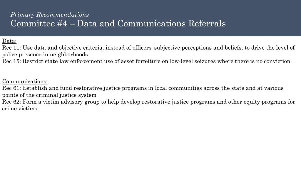primary recommendations committee 4 data