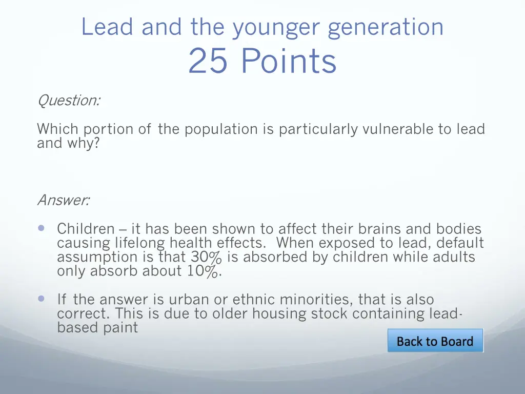 lead and the younger generation 25 points