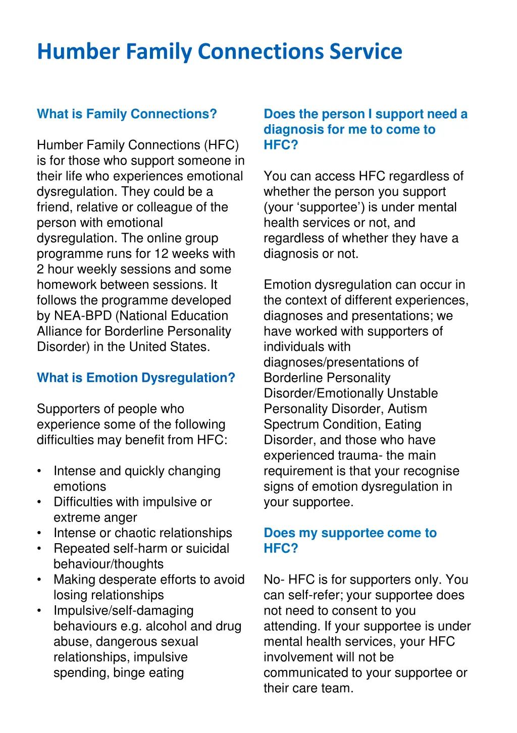 humber family connections service