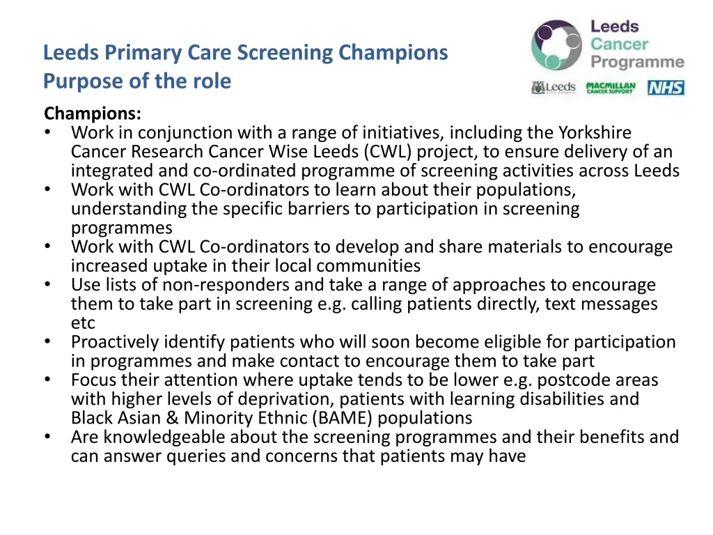 leeds primary care screening champions purpose 1