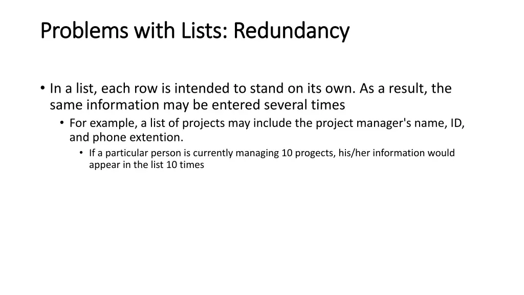 problems with lists redundancy problems with