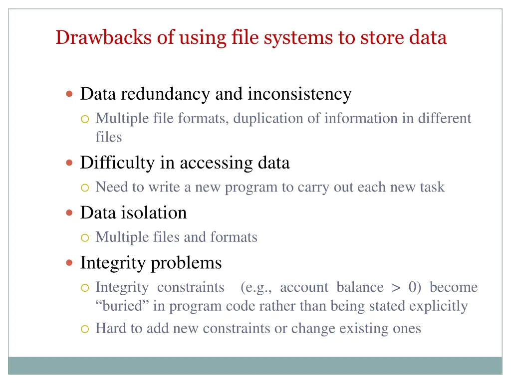 drawbacks of using file systems to store data