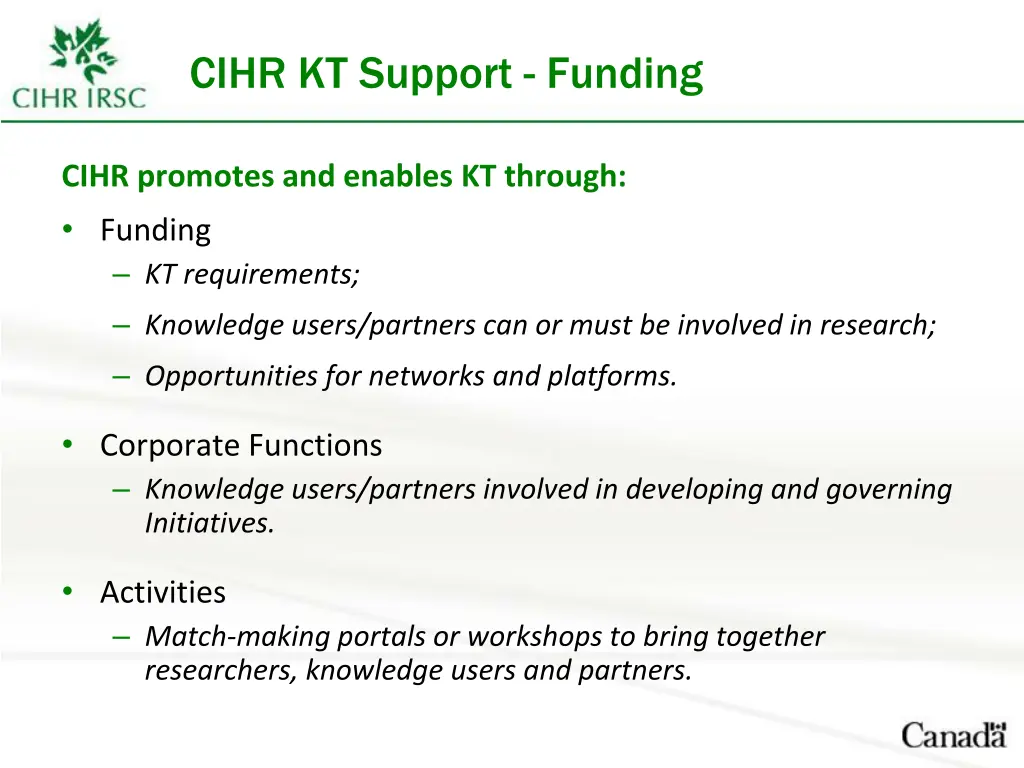 cihr kt support funding