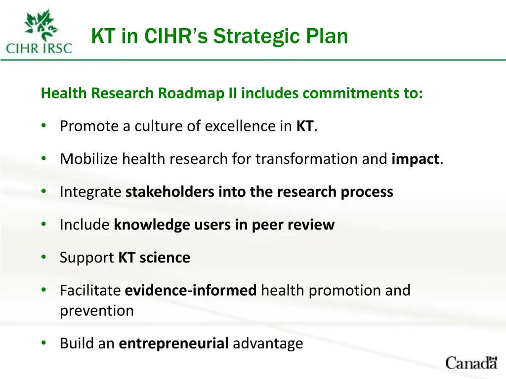 kt in cihr s strategic plan