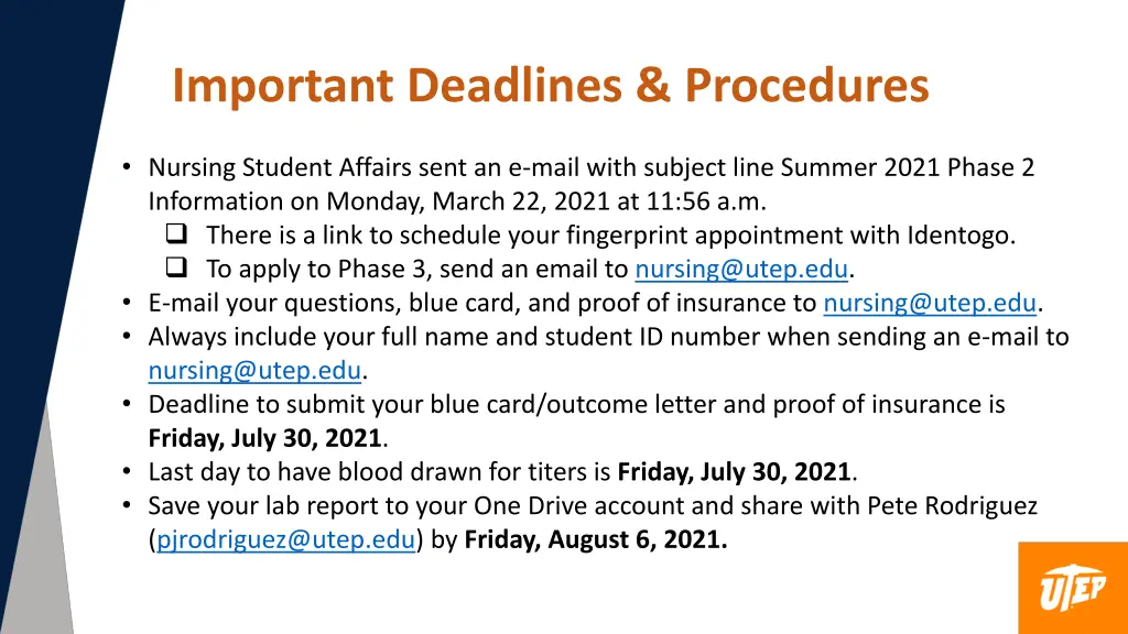 important deadlines procedures