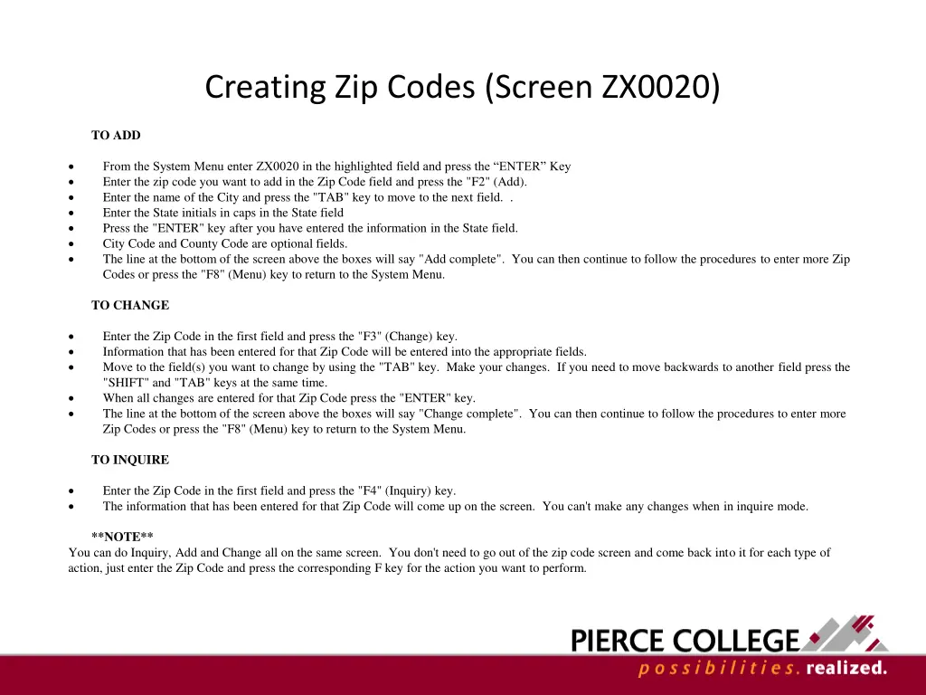 creating zip codes screen zx0020