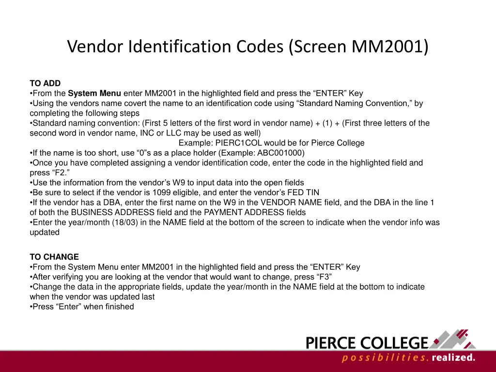 vendor identification codes screen mm2001