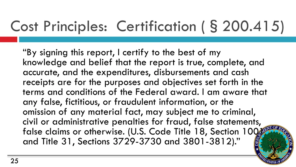 cost principles certification 200 415 1