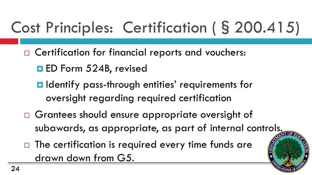cost principles certification 200 415