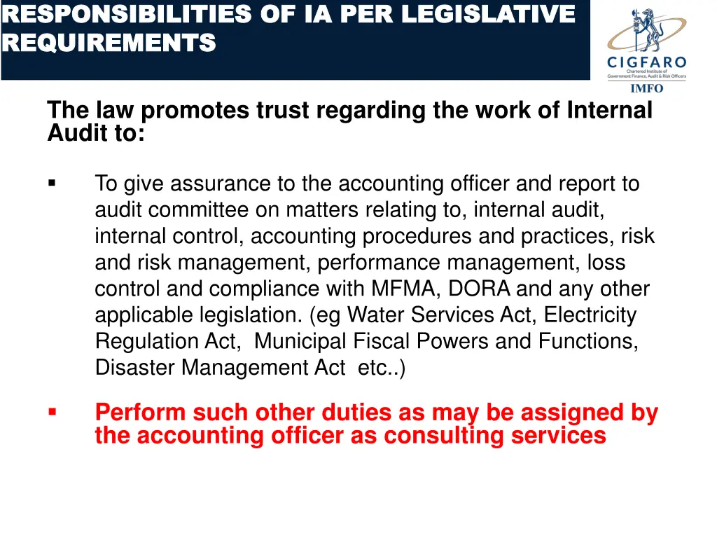 responsibilities of ia per legislative