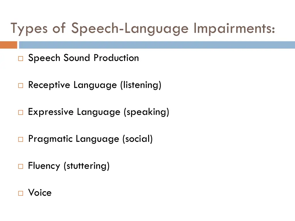 types of speech language impairments