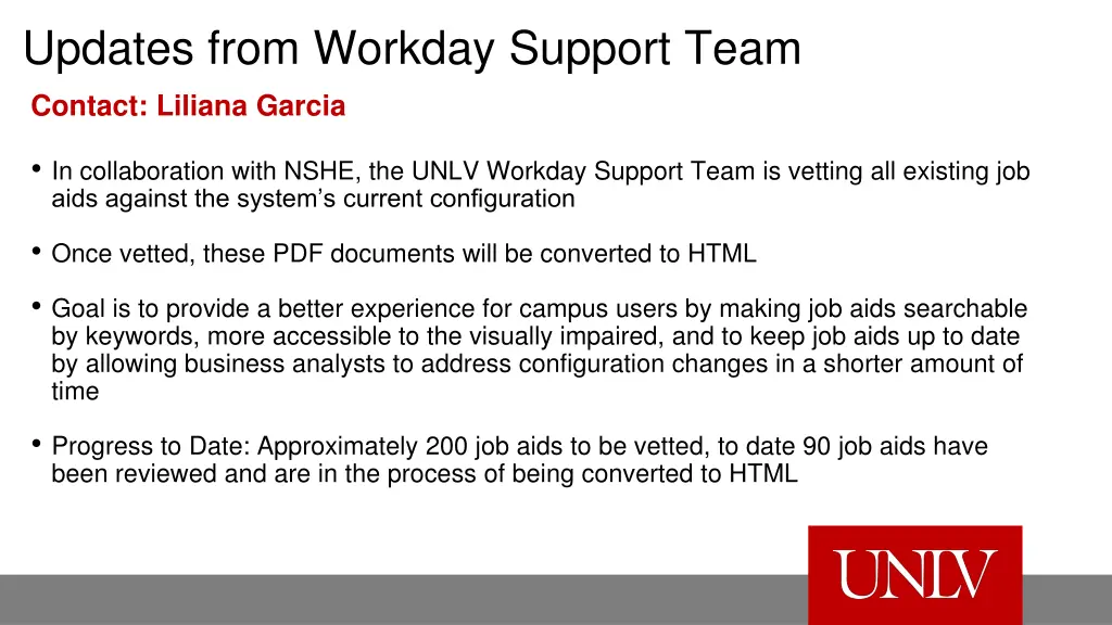 updates from workday support team contact liliana