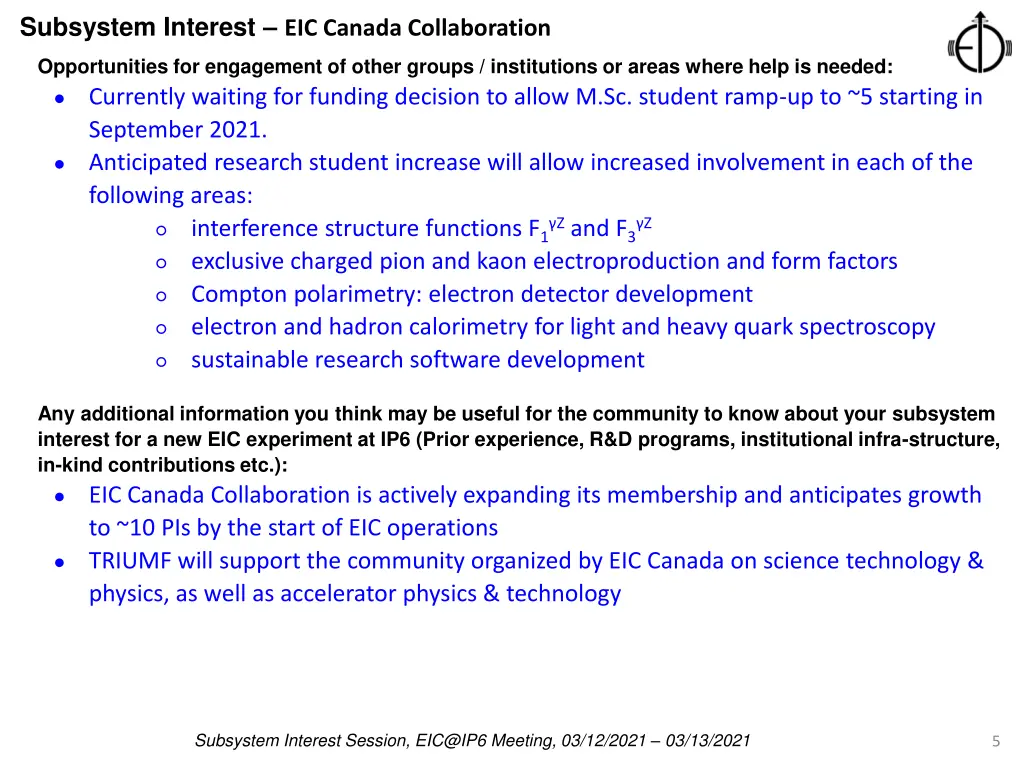 subsystem interest eic canada collaboration 1