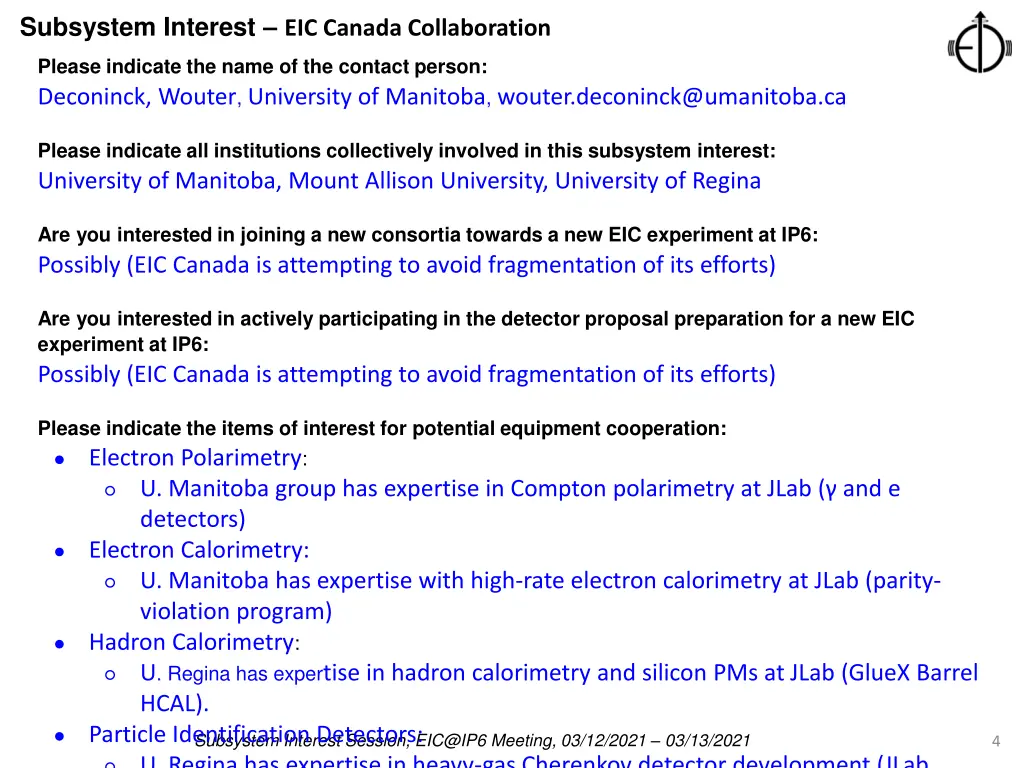 subsystem interest eic canada collaboration