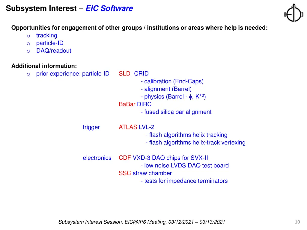 subsystem interest eic software 1