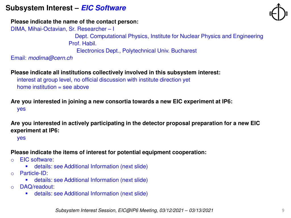 subsystem interest eic software