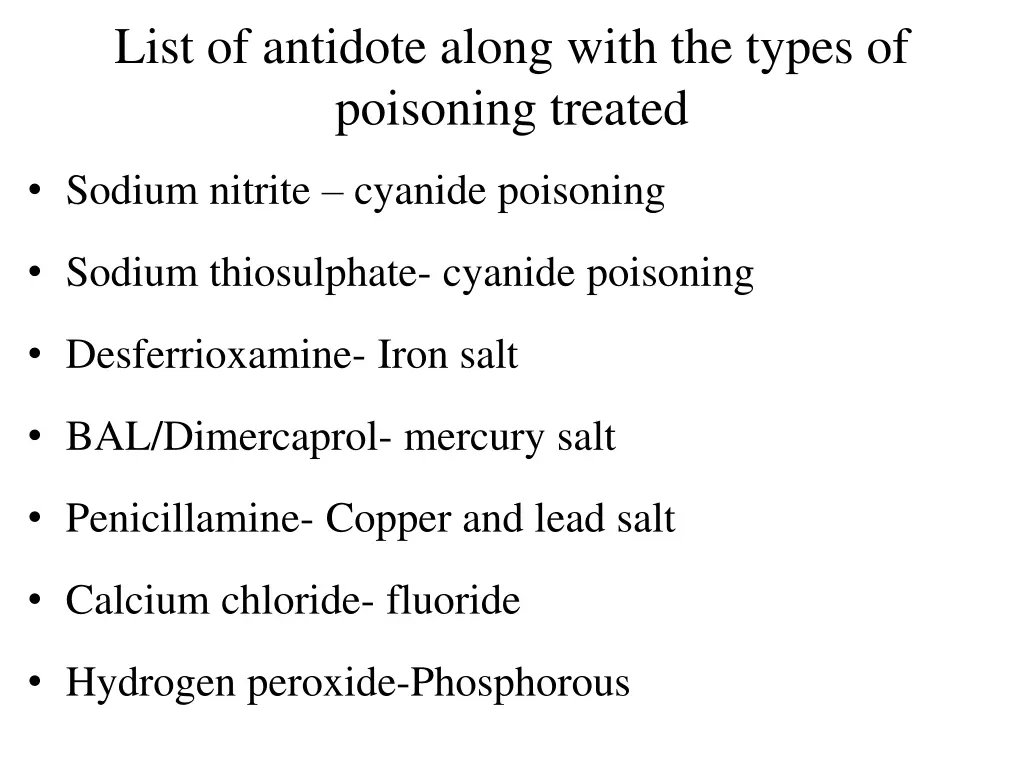 list of antidote along with the types