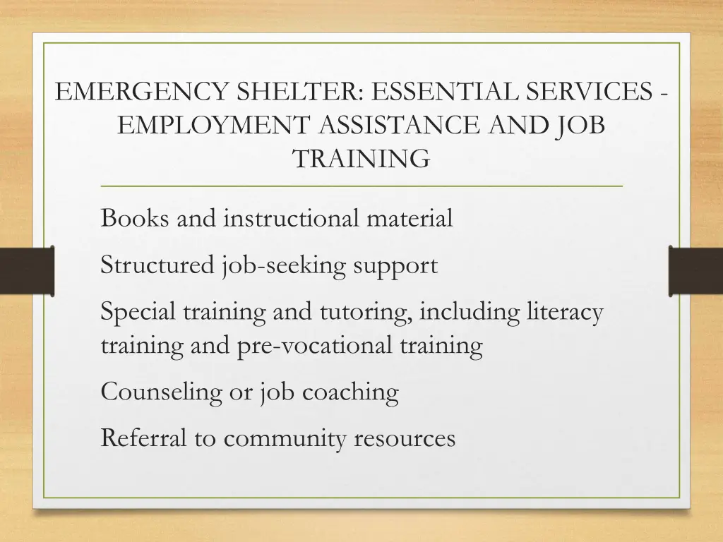 emergency shelter essential services employment 1