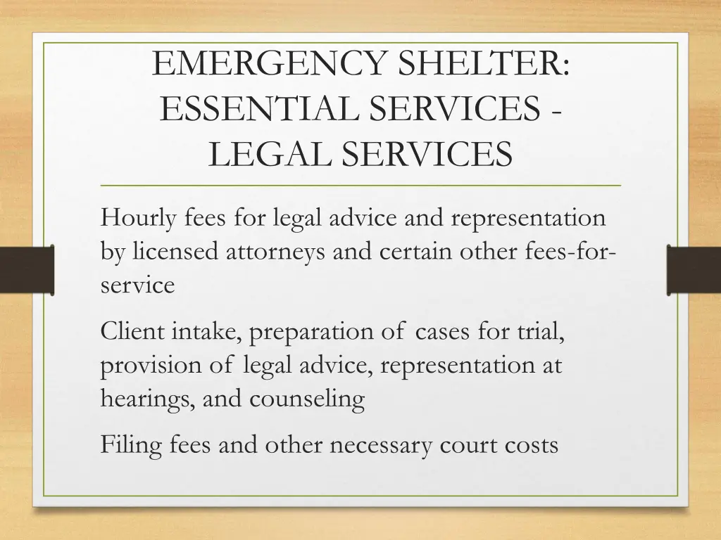 emergency shelter essential services legal