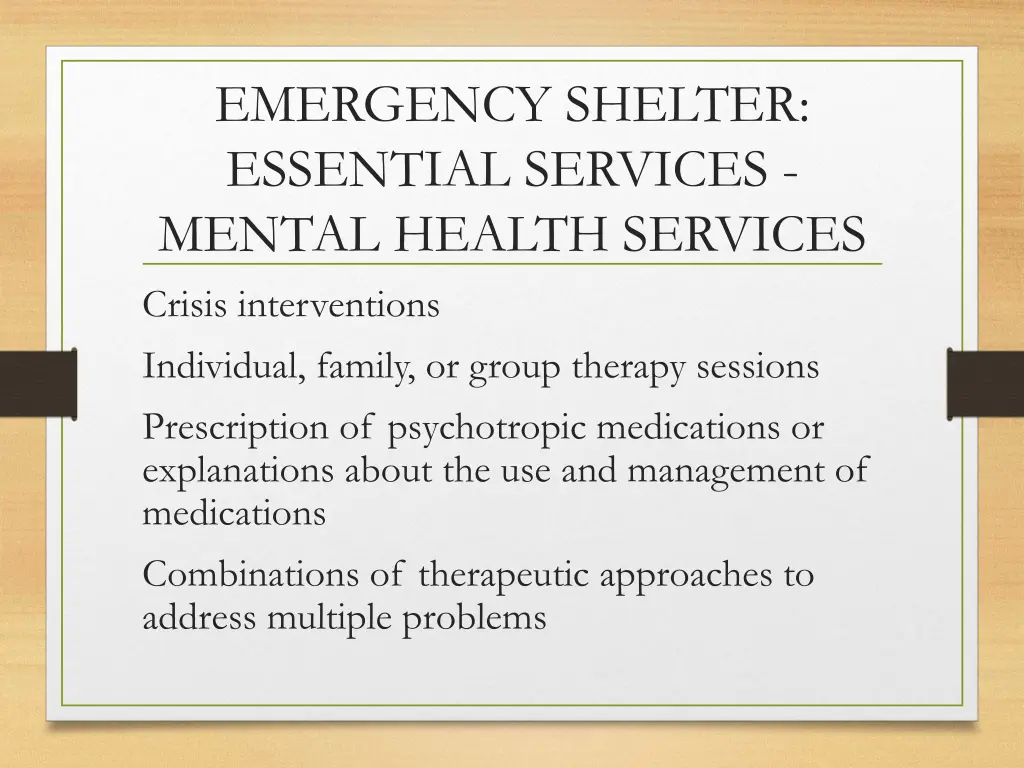 emergency shelter essential services mental