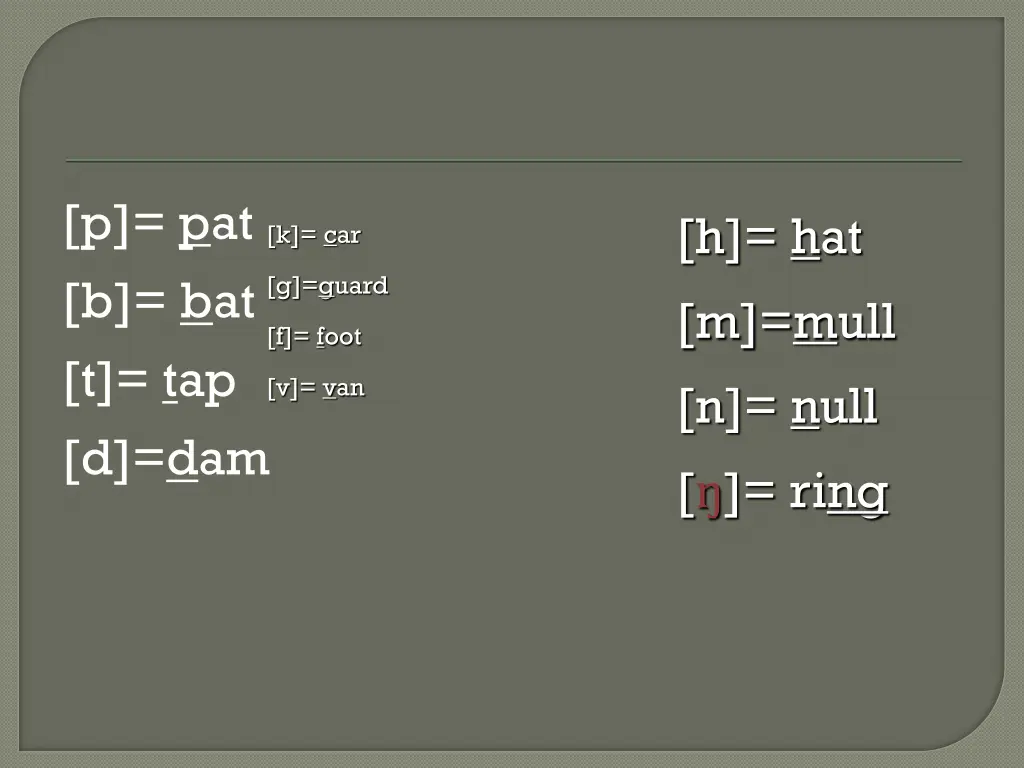p pat b bat t tap d dam