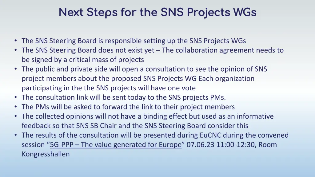 next steps for the sns projects wgs