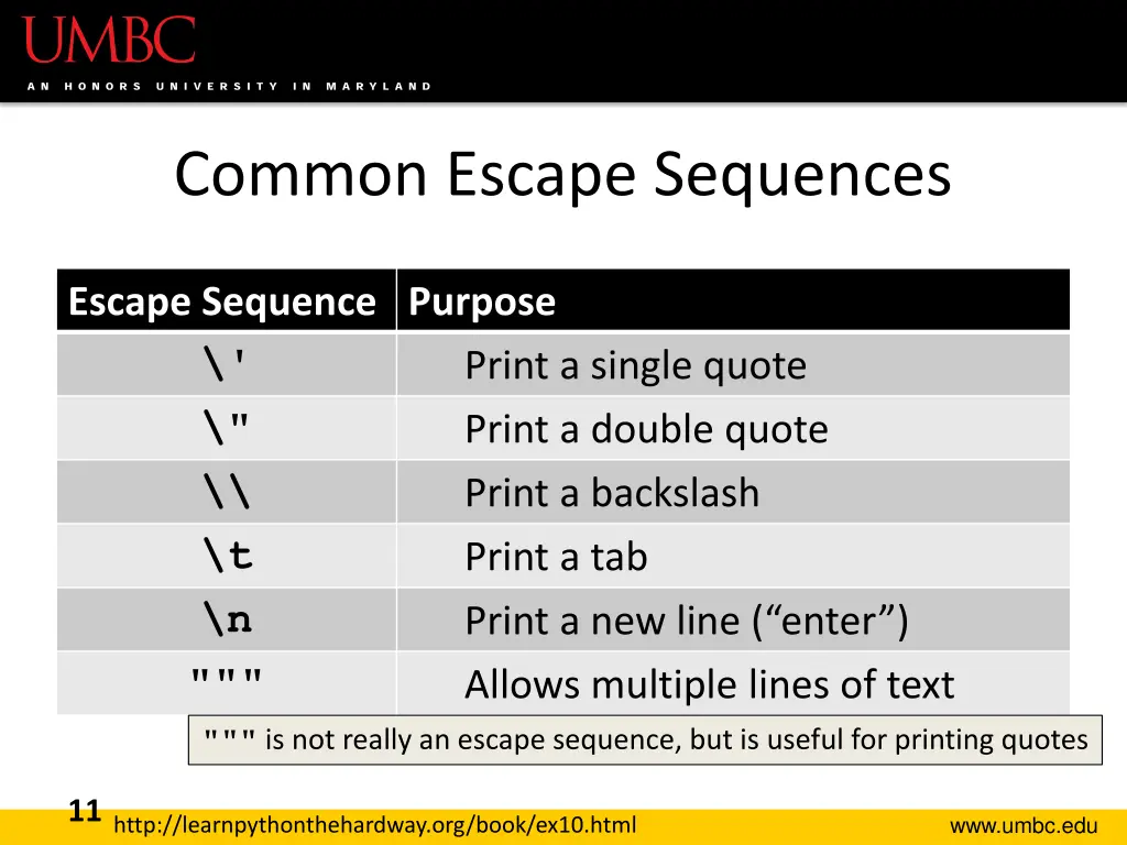common escape sequences