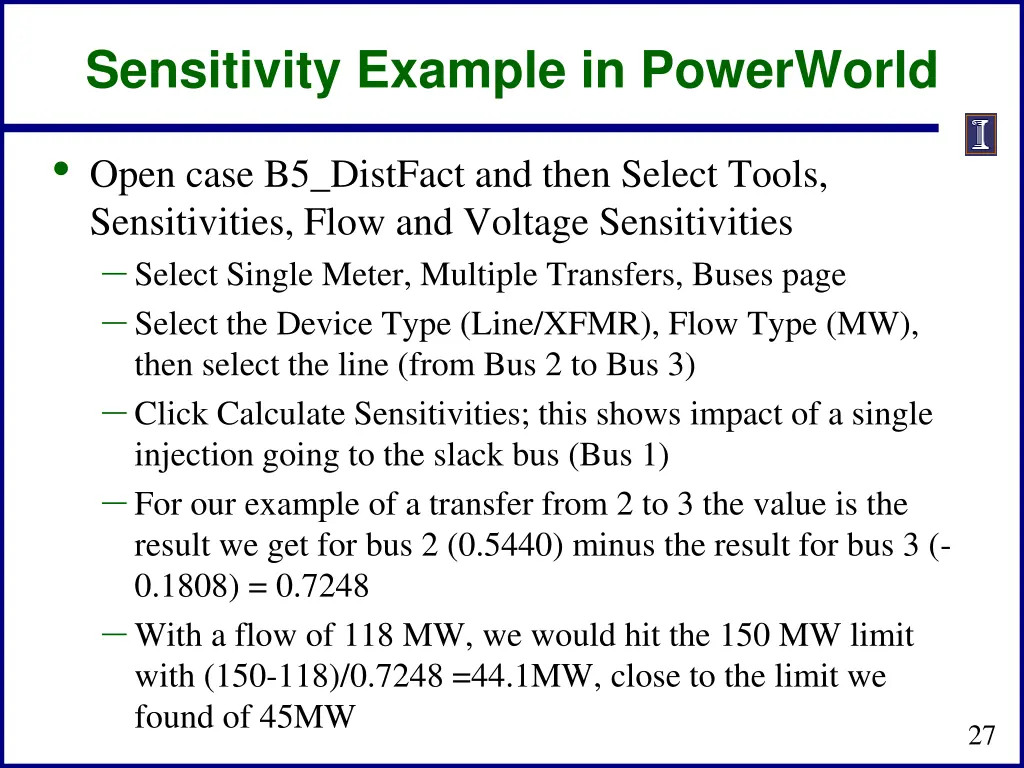 sensitivity example in powerworld