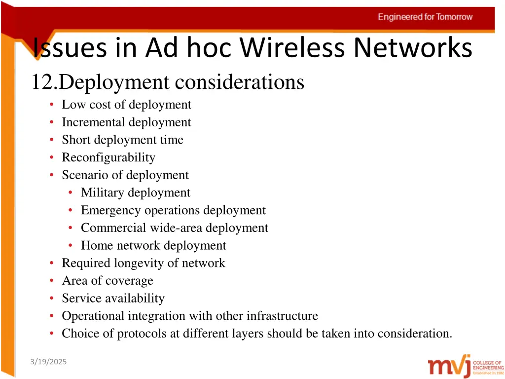 issues in ad hoc wireless networks 12 deployment