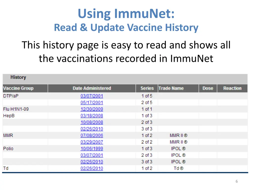 using immunet read update vaccine history