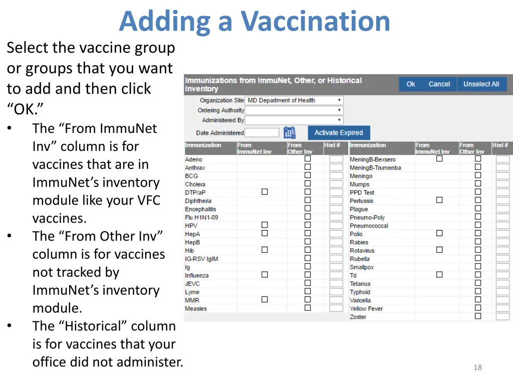 adding a vaccination select the vaccine group
