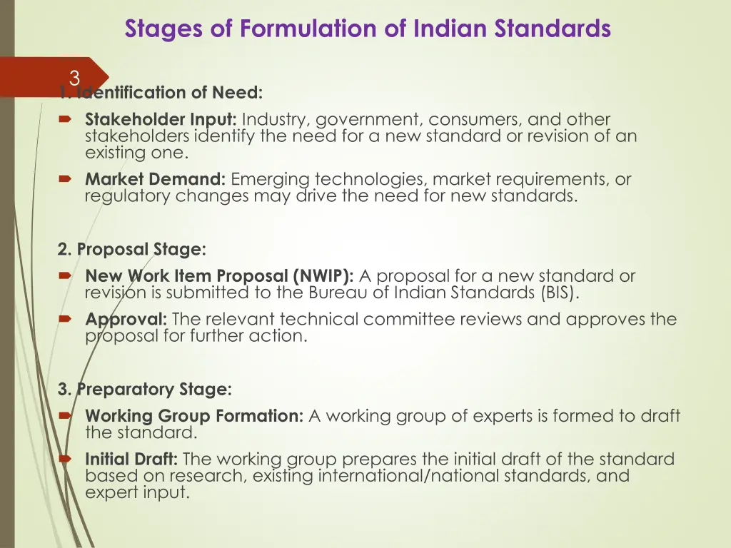 stages of formulation of indian standards