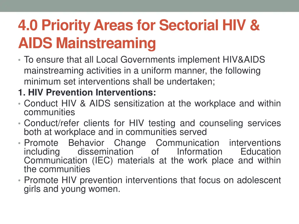 4 0 priority areas for sectorial hiv aids