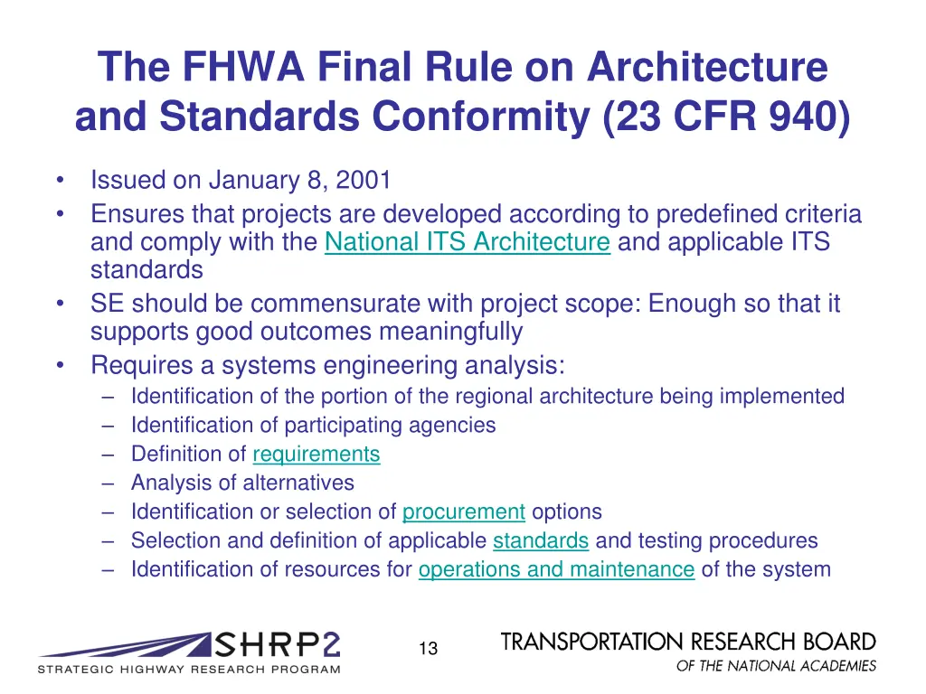 the fhwa final rule on architecture and standards