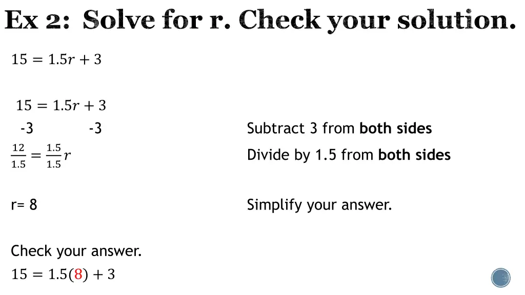 ex 2 solve for r check your solution