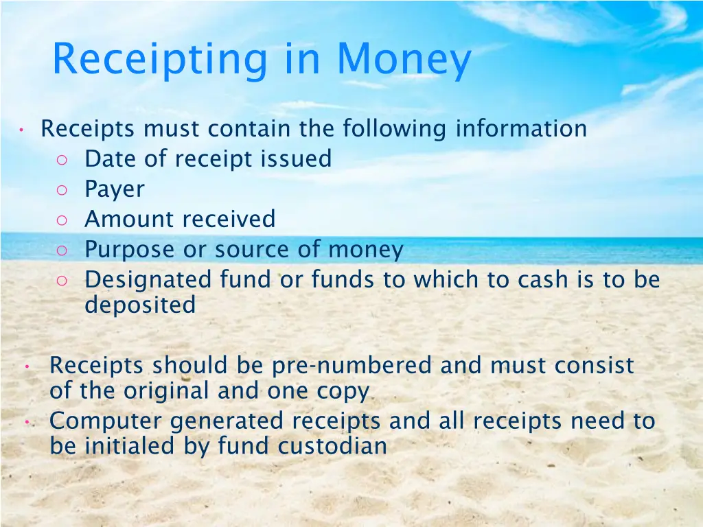 receipting in money