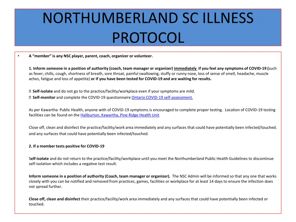 northumberland sc illness protocol