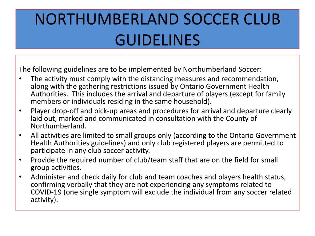 northumberland soccer club guidelines