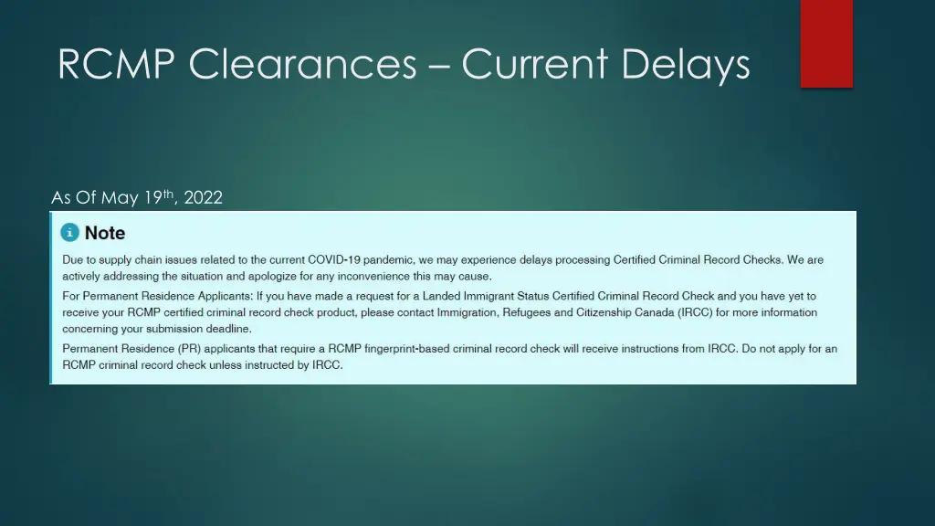 rcmp clearances current delays