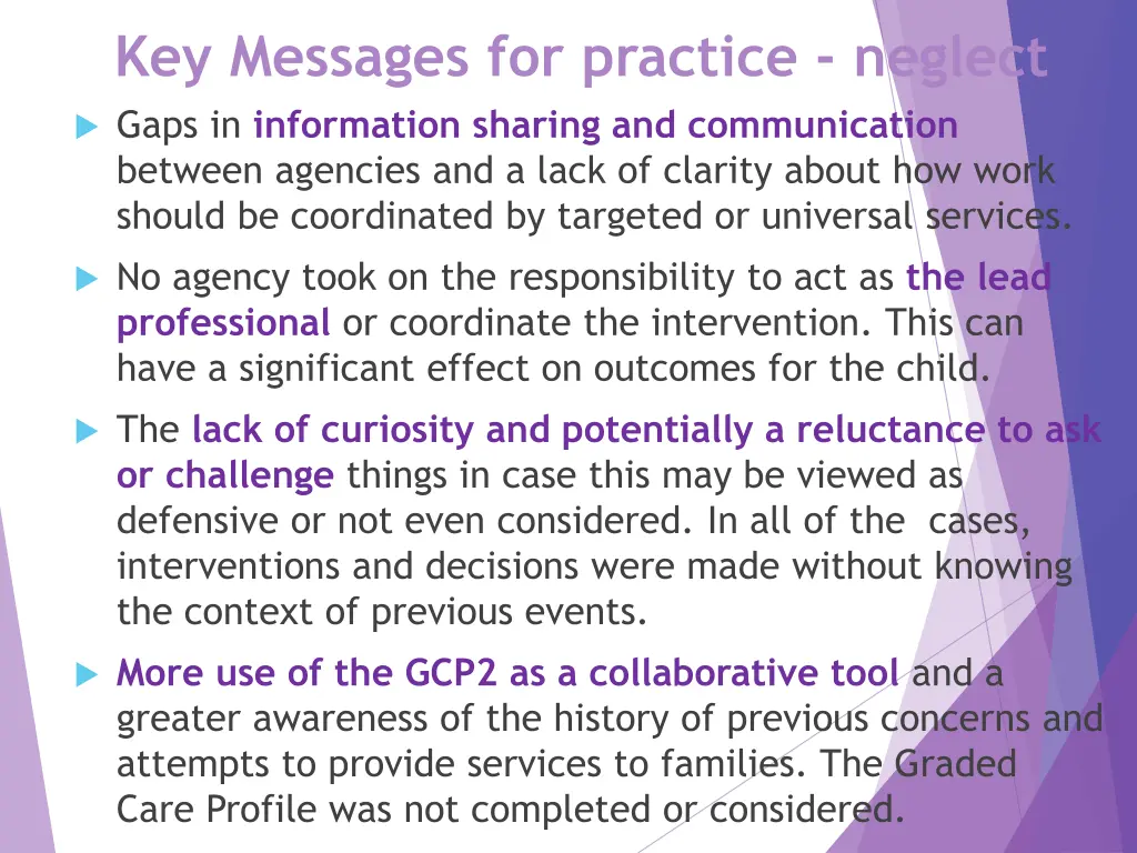 key messages for practice neglect gaps