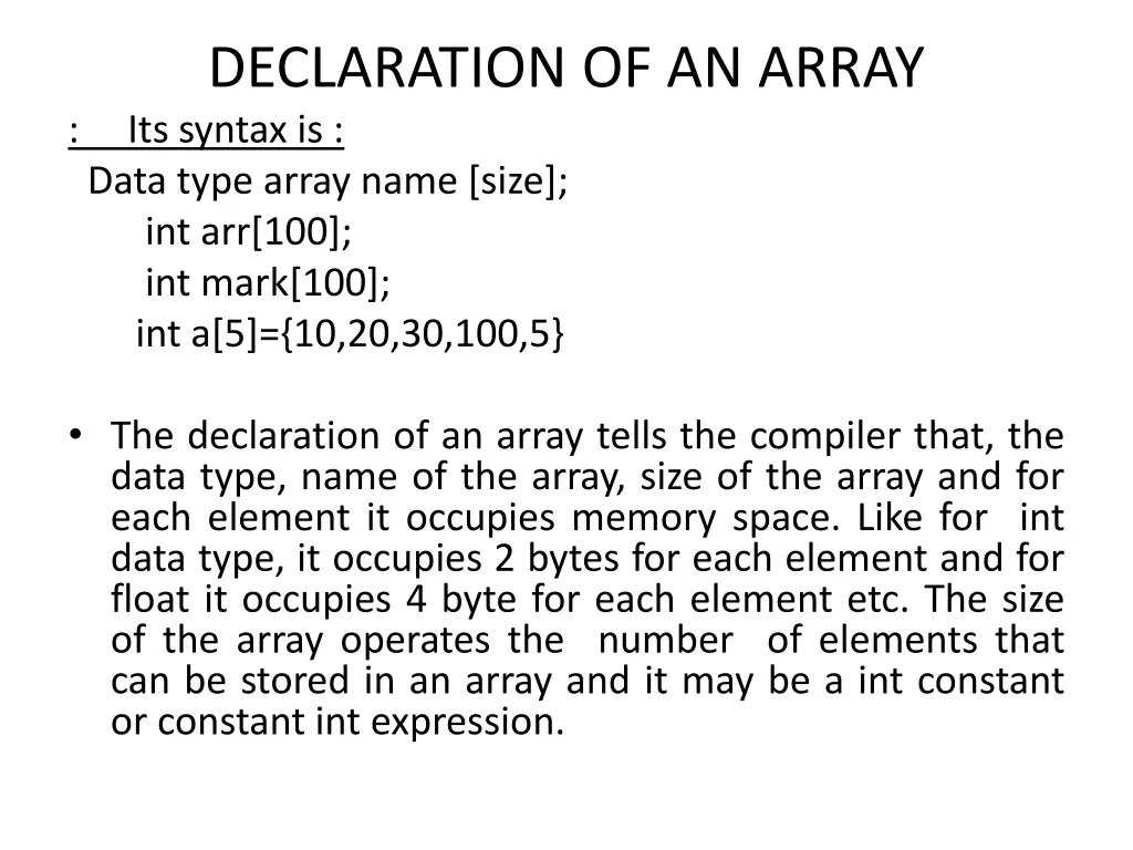 declaration of an array its syntax is data type