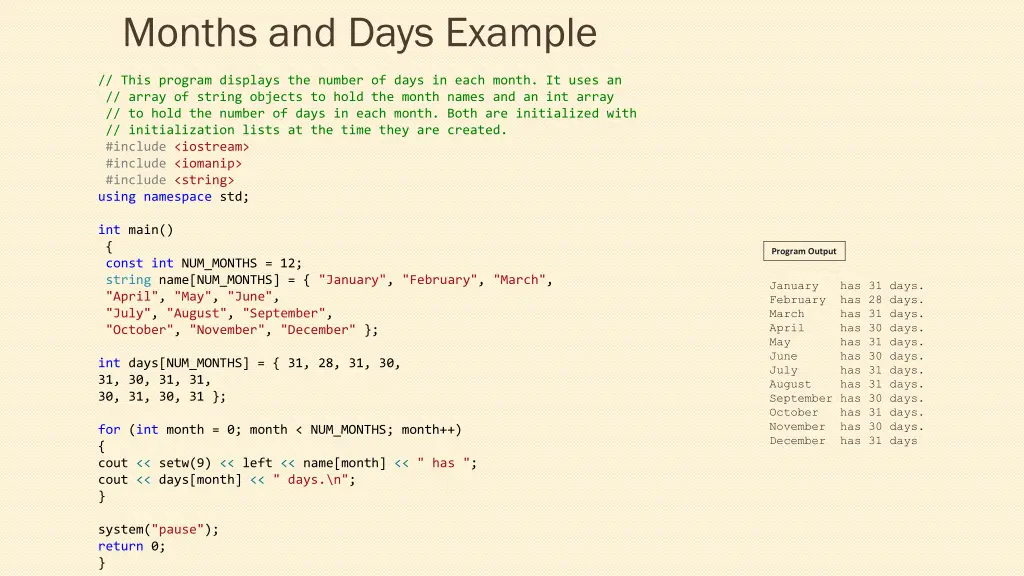 months and days example