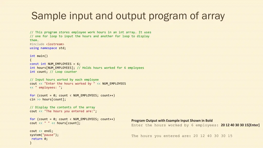 sample input and output program of array